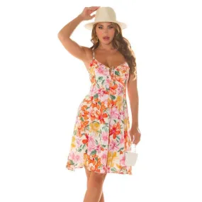 Kurzes Damen Sommerkleid mit Blumen und Trägern Beige