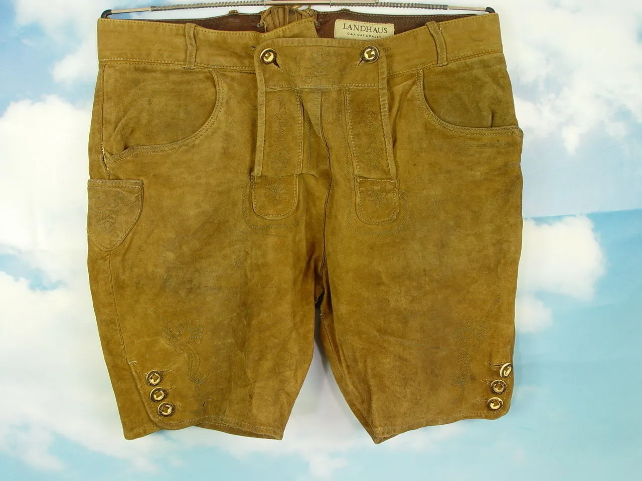 LANDHAUS eingerissene bequeme verspeckte kurze Stickerei Lederhose Gr.54/56
