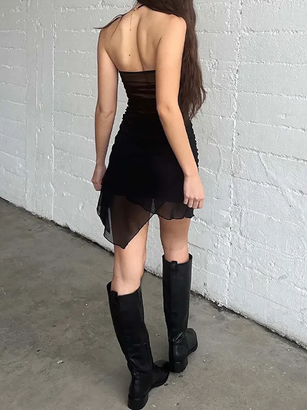Rückenfreies Mesh-Minikleid mit unregelmäßigem Saum